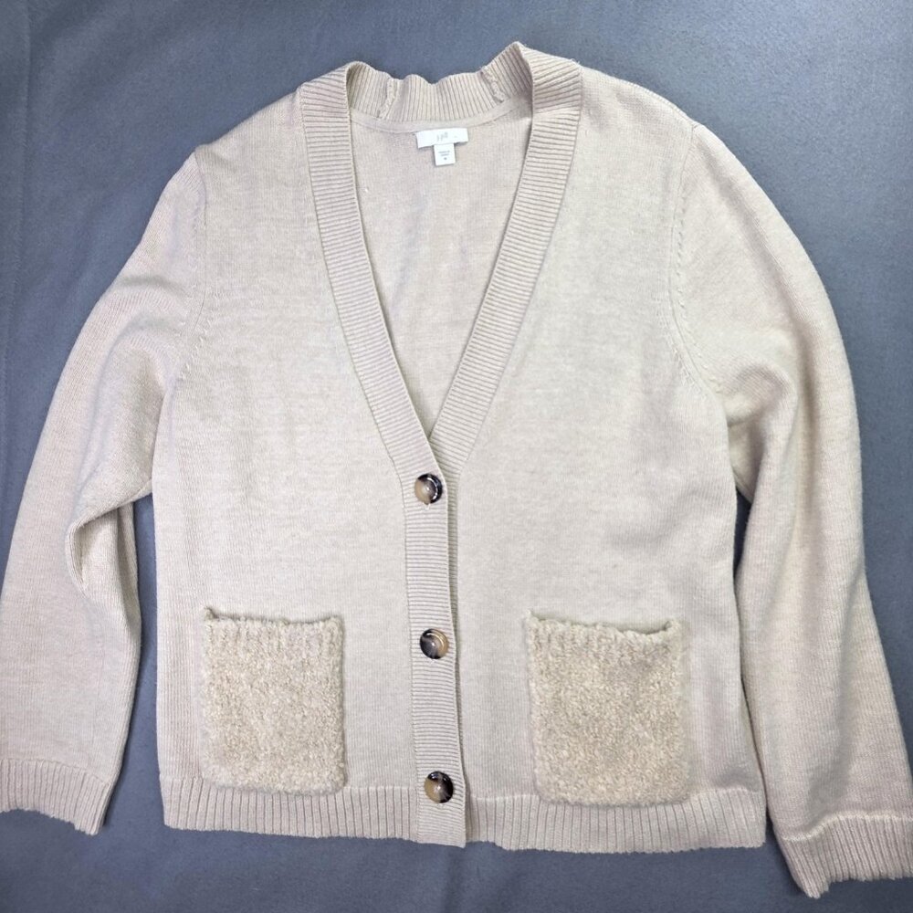 J Jill Cardigan Sweater Womens Medium Beige Button Textured Pockets Academia